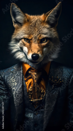 Wolf dressed in an elegant suit with a nice tie. Fashion portrait of an anthropomorphic animal, jackal, coyote, shooted in a charismatic human attitude - Generative AI