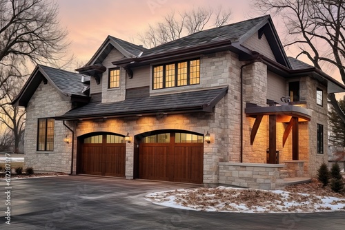 Contemporary Flair: Impressive New Build with Four-Car Garage and Natural Stone Features, Featuring Beige Siding, generative AI