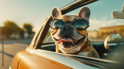Summer Travel Buddy: Funny French Bulldog Dog with Sunglasses and Leash on Road Trip - Generative AI © Bartek