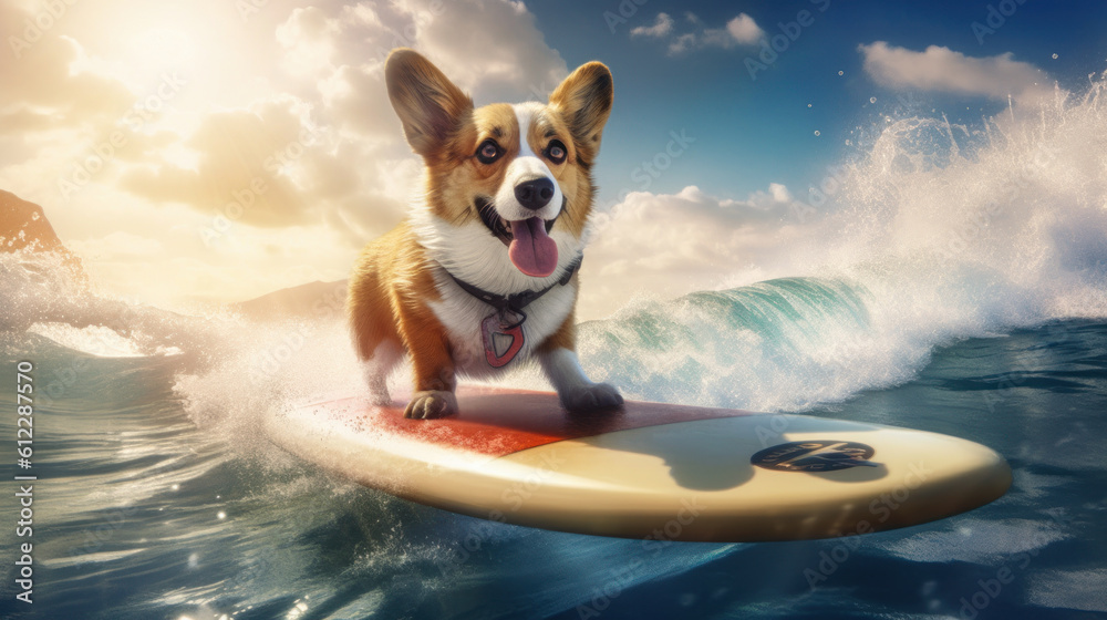 Sunny Surfing Escape: Pembroke Welsh Corgi Dog Catching Waves on a Fun Day - Generative AI