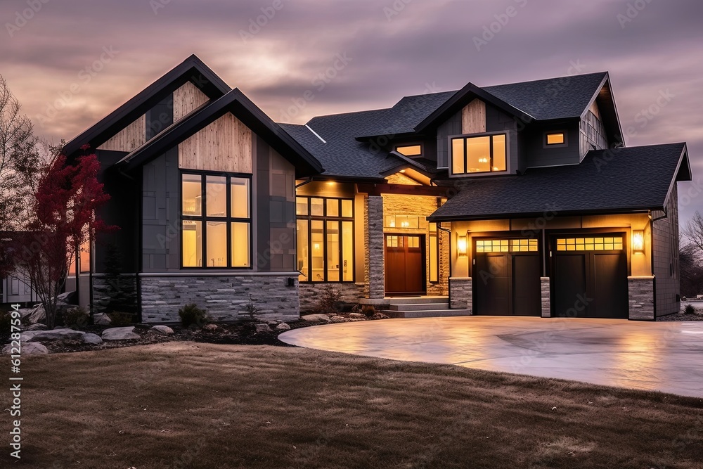 Contemporary New Build House with Impressive Four-Car Garage, Dark Green Siding, and Natural Stone Features, generative AI Contemporary New Build House with Impressive Four-Car Garage, Dark Green Siding, and Natural Stone Features, generative AI