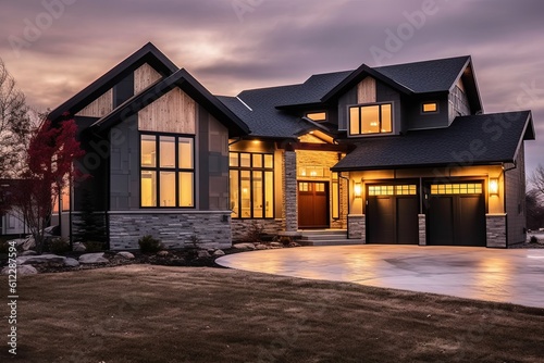 Contemporary New Build House with Impressive Four-Car Garage, Dark Green Siding, and Natural Stone Features, generative AI