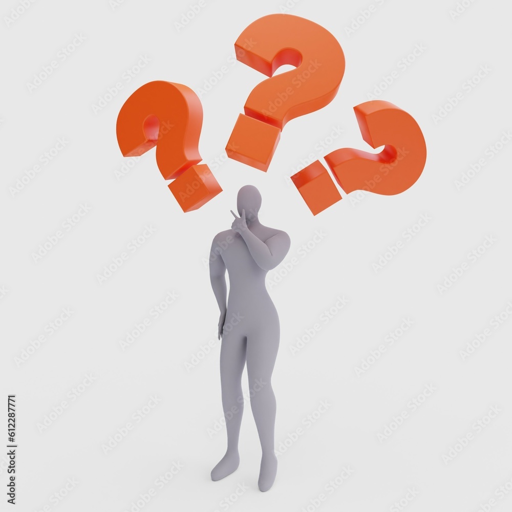 Illustration of a Confused Person with a Big Question Mark. 3d Rendering of Human People Character. Illustration of a Confused Person with a Big Question Mark. 3d Rendering of Human People Character.
