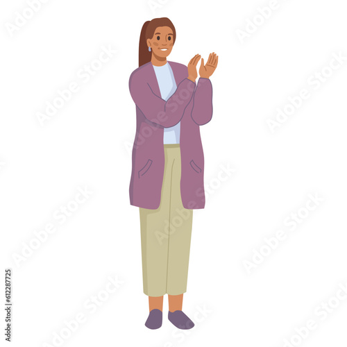 Applauding woman clapping hands, congratulations. Happy girl greetings and congratulations. Flat cartoon vector character support gesture, applause and ovation, congratulated by hand claps