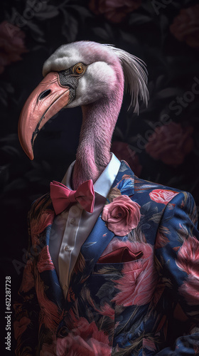 Flamingo dressed in an elegant pink suit with a nice tie. Fashion portrait of an anthropomorphic animal, bird, shooted in a charismatic human attitude - Generative AI