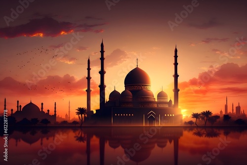 mosque at the beautiful sunset. eid al adha, generative AI © R4DW!N