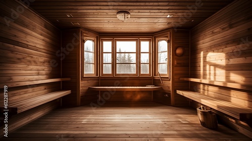 Interior of wooden sauna. AI generated.