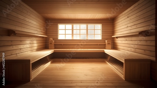 Interior of wooden sauna. AI generated.
