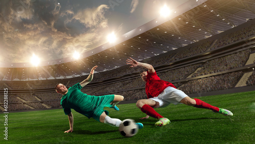 Professional male sportsmen, football, soccer athletes during game at 3D stadium with flashlights. Blurred audience on background. Concept of professional sport, championship, game, achievement © master1305