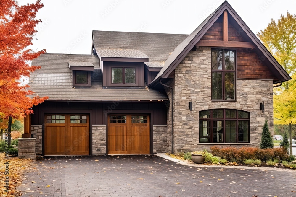 Contemporary New Build with Burgundy Siding and Natural Stone Features Boasts Four-Car Garage, generative AI