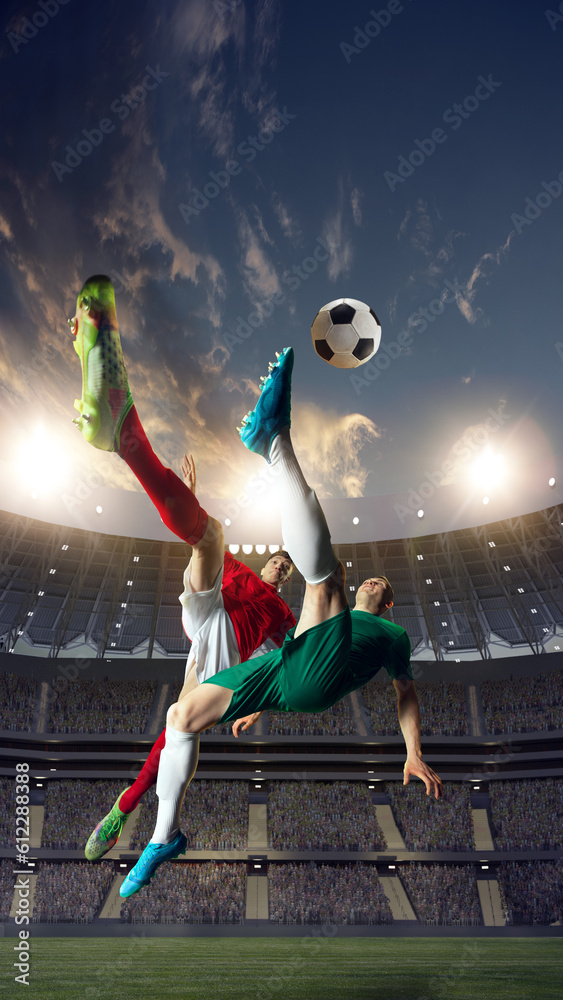 Dynamic image of professional football, soccer athletes during game, watch at 3D openair stadium. Active game, winning goal. Concept of professional sport, championship, game, achievement