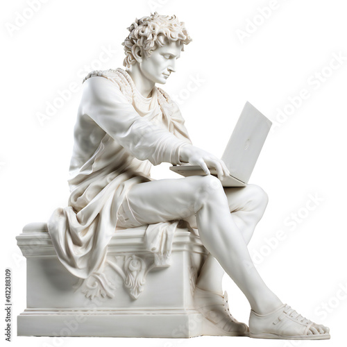 Classic gypsum statue using a laptop for IT isolated. Generative ai art photo