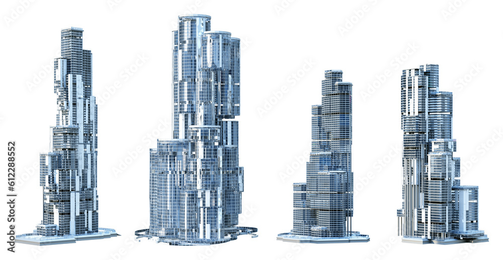Skyscrapers, business towers, office, residential, commercial tall buildings set. Modern eco cityscape 3D render design element. Smart city megapolis town skyscraper icons isolated, transparent PNG	