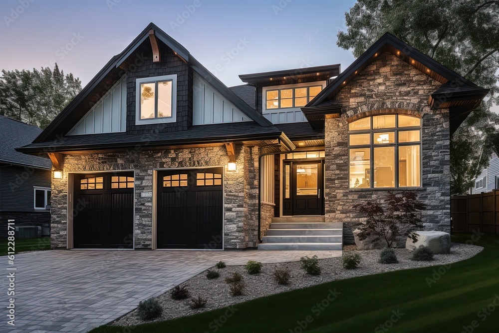 Freshly Developed Regal Home with Innovative Layout, Natural Stone Details, Two-Car Garage, and White Siding, generative AI