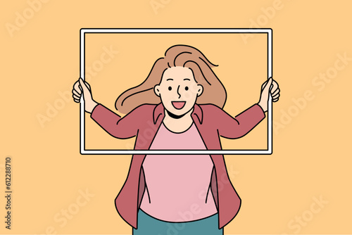 Smiling woman with empty frame posing making picture. Happy girl put face for picture or photo in frame. Photo shoot and modeling. Vector illustration. 