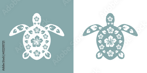Logo vacaciones en Hawái. Silueta de flores de hibisco con hojas en tortuga marina
