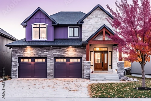 Innovative Layout, Two-Car Garage, and Natural Stone Details Define This Regal Freshly Developed Home with Purple Siding, generative AI © Michael