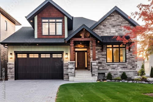 Green Siding and Natural Stone Details Complement Innovative Layout of Newly Built Home with Two-Car Garage, generative AI © Michael