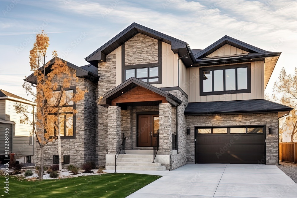 Beige-Sided Home with Innovative Layout and Natural Stone Details, Including Two-Car Garage, generative AI Beige-Sided Home with Innovative Layout and Natural Stone Details, Including Two-Car Garage, generative AI