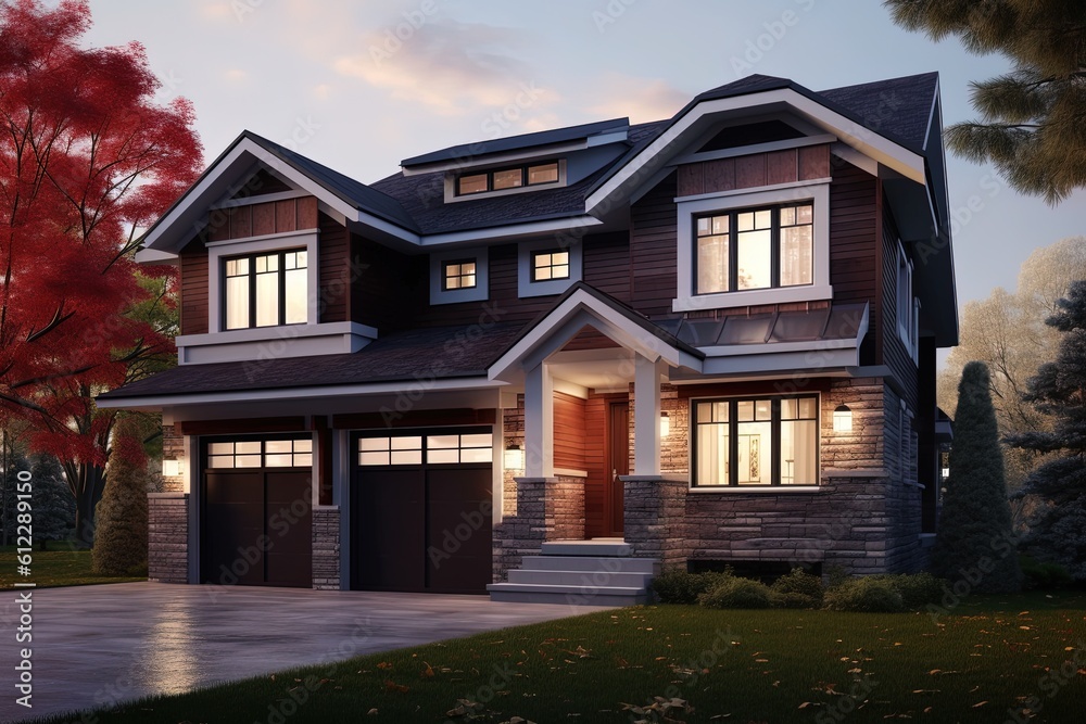 Innovative Layout and Natural Stone Details Highlight Regal Burgundy Siding Home with Two-Car Garage, generative AI