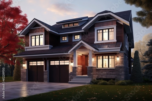 Innovative Layout and Natural Stone Details Highlight Regal Burgundy Siding Home with Two-Car Garage, generative AI