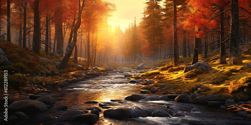 Colorful trees and autumn landscape in forest. autumn colors in the forest. colorful leaves of autumn in nature. autumn season. bright light of the sun in the autumn forest. Generative AI. © AMK 