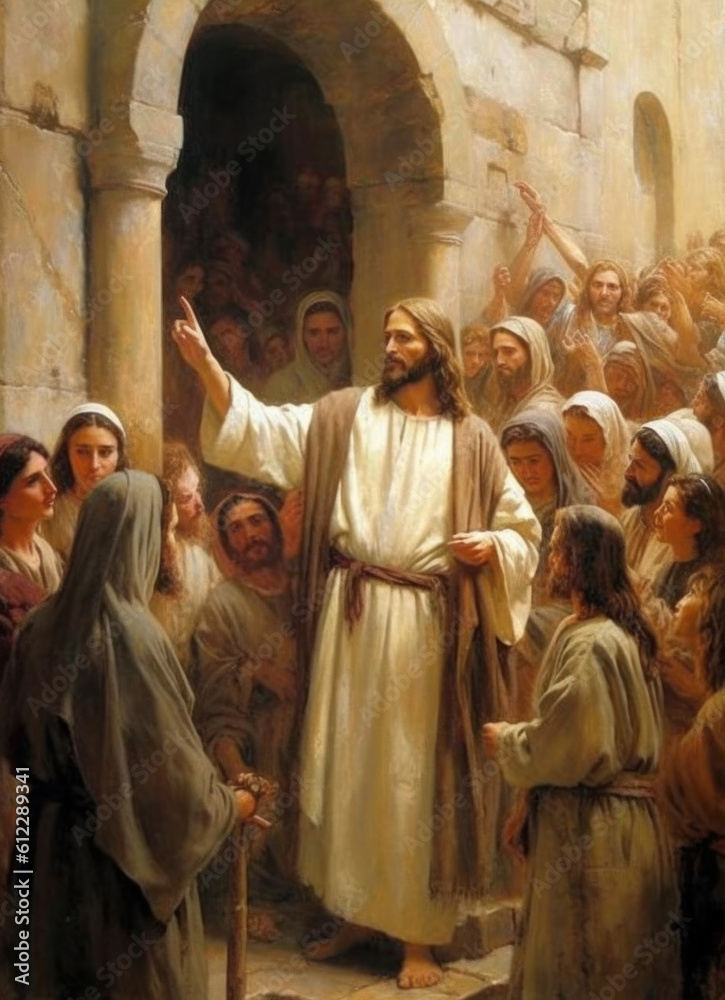 Jesus teaches multitudes and associates with people. Ai generated. Jesus teaches multitudes and associates with people. Ai generated.