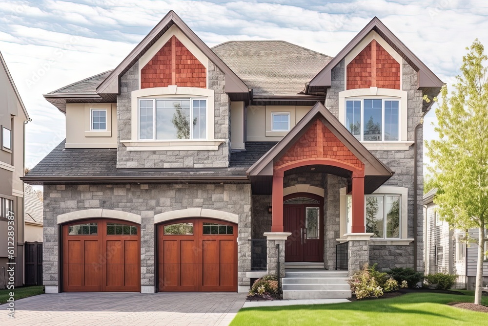 Innovative Layout and Natural Stone Details Showcase Regal Freshly Developed Home with Two-Car Garage and Coral Siding, generative AI
