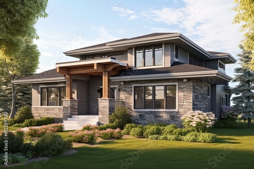 Innovative Layout and Natural Stone Details: Welcome to Your Regal Freshly Developed Home with Two-Car Garage and Coral Siding, generative AI © Michael