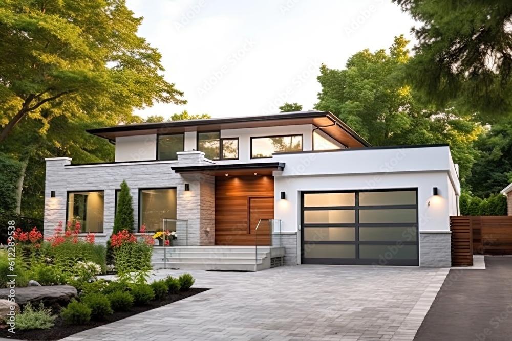Contemporary Features and Serene Setting: A Single-Car Garage Property with White Siding and Natural Stone Facade, generative AI