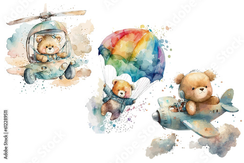 Safari Animal set teddy bears flying in a helicopter, in a airplane and parachute in watercolor style. Isolated Generative AI