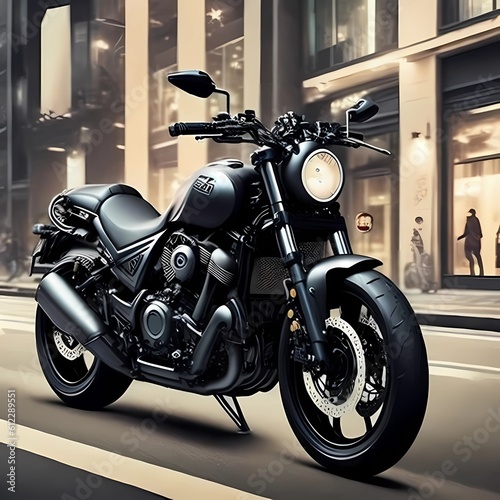 A powerful heavy bike thundering through the streets of a dark and atmospheric city