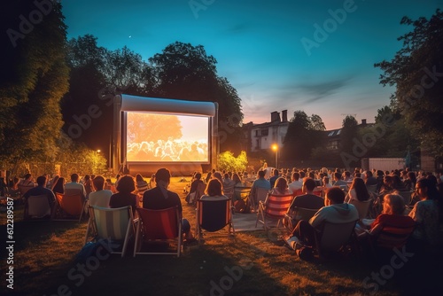 An open - air summer cinema in a park with people sitting and watching a movie