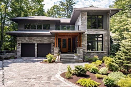 Contemporary Serenity: New Property with Natural Stone Facade and Coral Siding, Including Single Car Garage, generative AI