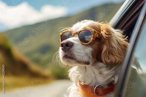 Adorable Dog on Summer Road Trip: Sunglasses and Leash Peeking Out of Car Window - Generative AI