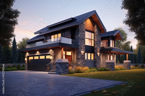 Innovative Design: Splendid Fresh Construction House with Natural Stone Elements, Double Garage, and Dark Blue Siding, generative AI