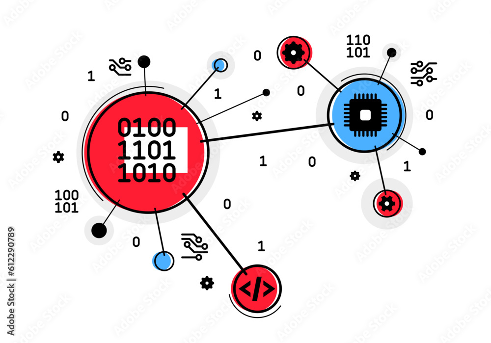 Fototapeta premium Programming and computer pc engineering vector illustration, repairing and fixing bugs, coding app on pc.