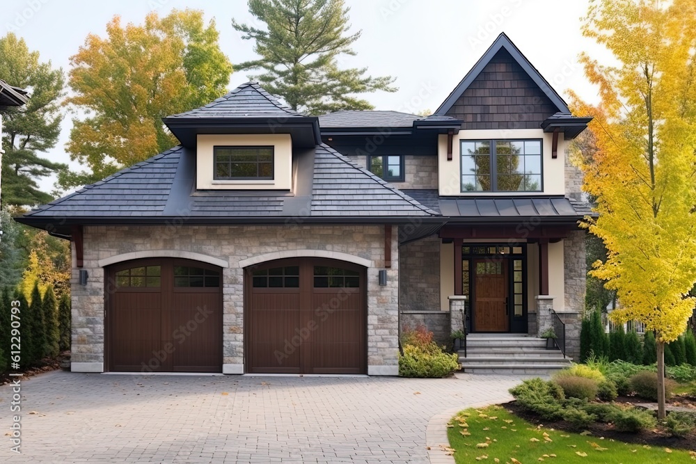 Innovative Design and Natural Elements Highlight Splendid New Construction with Double Garage and Light Blue Siding, generative AI