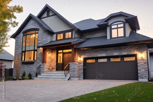 Innovative Design and Natural Stone Elements: Splendid Fresh Construction House with Double Garage and Light Gray Siding, generative AI