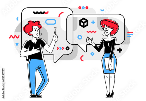 Business office team of young people have a discussion and brainstorm with new ideas during a coffee break, vector outline illustration, team of young people discussing.