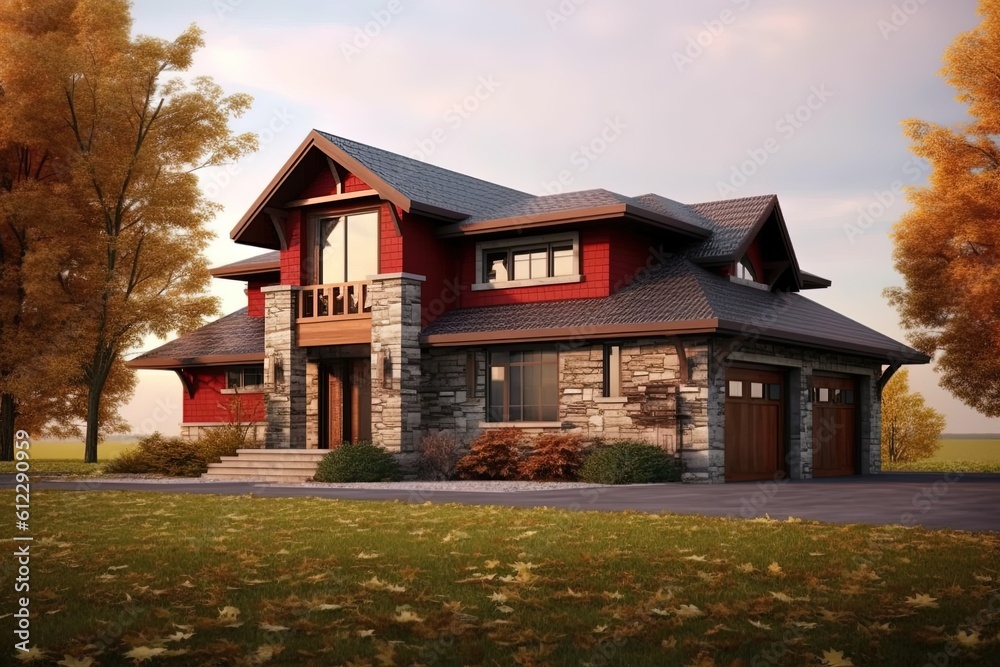 Double Garage Splendor: Innovative Design and Natural Stone Elements of a Fresh Construction House with Red Siding, generative AI