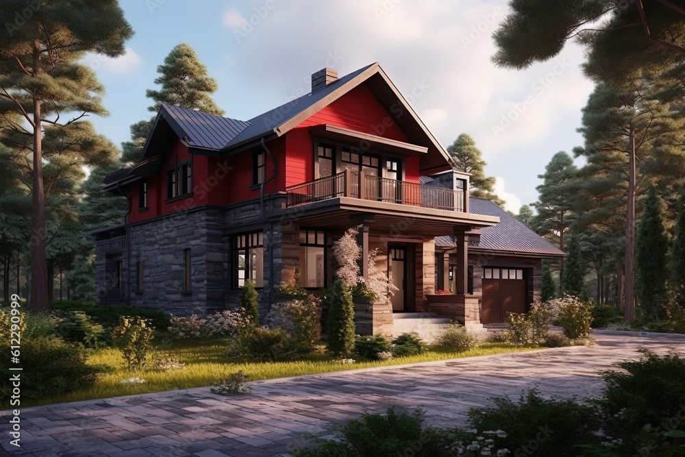Fresh Construction House with Innovative Design Featuring Double Garage, Red Siding, and Natural Stone Elements, generative AI Fresh Construction House with Innovative Design Featuring Double Garage, Red Siding, and Natural Stone Elements, generative AI
