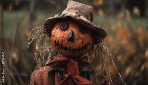 Halloween scarecrow pumpkin head, macro, closeup, Generative AI © Andrii Fanta