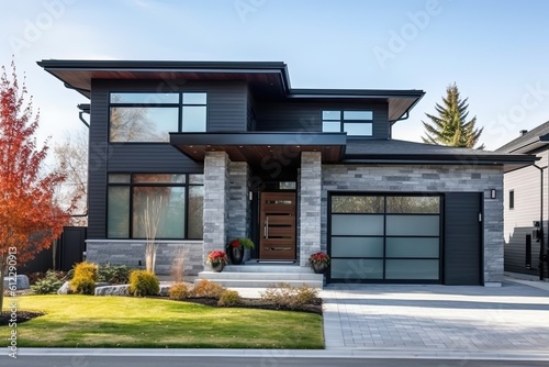 Innovative Design: Splendid Fresh Construction with Double Garage and Natural Stone Elements on Dark Gray Siding, generative AI