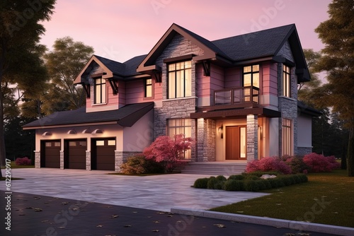 Innovative Design and Natural Stone Elements Highlight Splendid Fresh Construction House with Double Garage and Pink Siding, generative AI