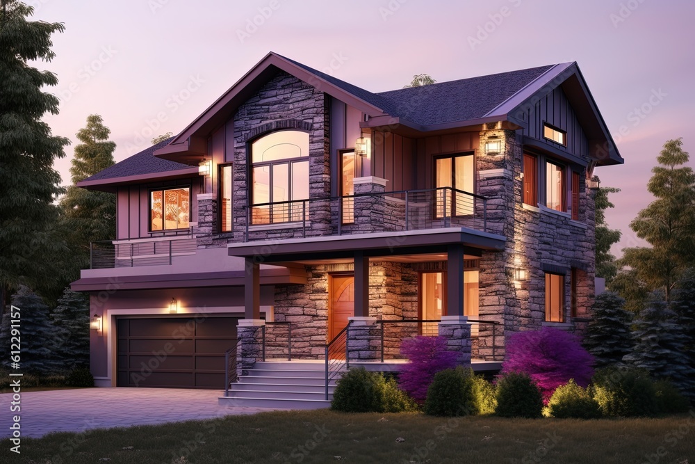 Double Garage Splendor: Innovative Design with Natural Stone and Bold Purple Siding, generative AI Double Garage Splendor: Innovative Design with Natural Stone and Bold Purple Siding, generative AI