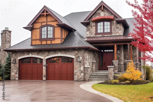 Innovative Design Double Garage House with Splendid Burgundy Siding and Natural Stone Elements, generative AI