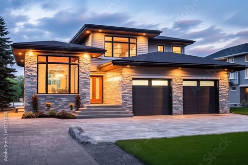 Double Garage & Innovative Design: Splendid Fresh Construction House with White Siding & Natural Stone Elements, generative AI