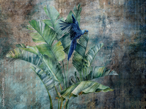Fototapeta Naklejka Na Ścianę i Meble -  Parrot on huge banana leaves. Grunge photo wallpaper with abstract elements on the dark concrete background. Illustration for wallpaper, fresco, mural.