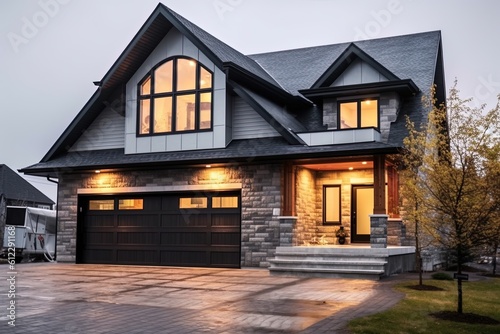 Innovative Design and Natural Stone Elements Featured in Splendid New Home with Double Garage and Dark Green Siding, generative AI